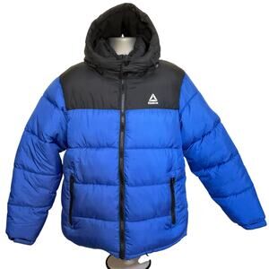 Reebok Men’s Large Blue Black Hooded Puffer Jacket Winter Coat